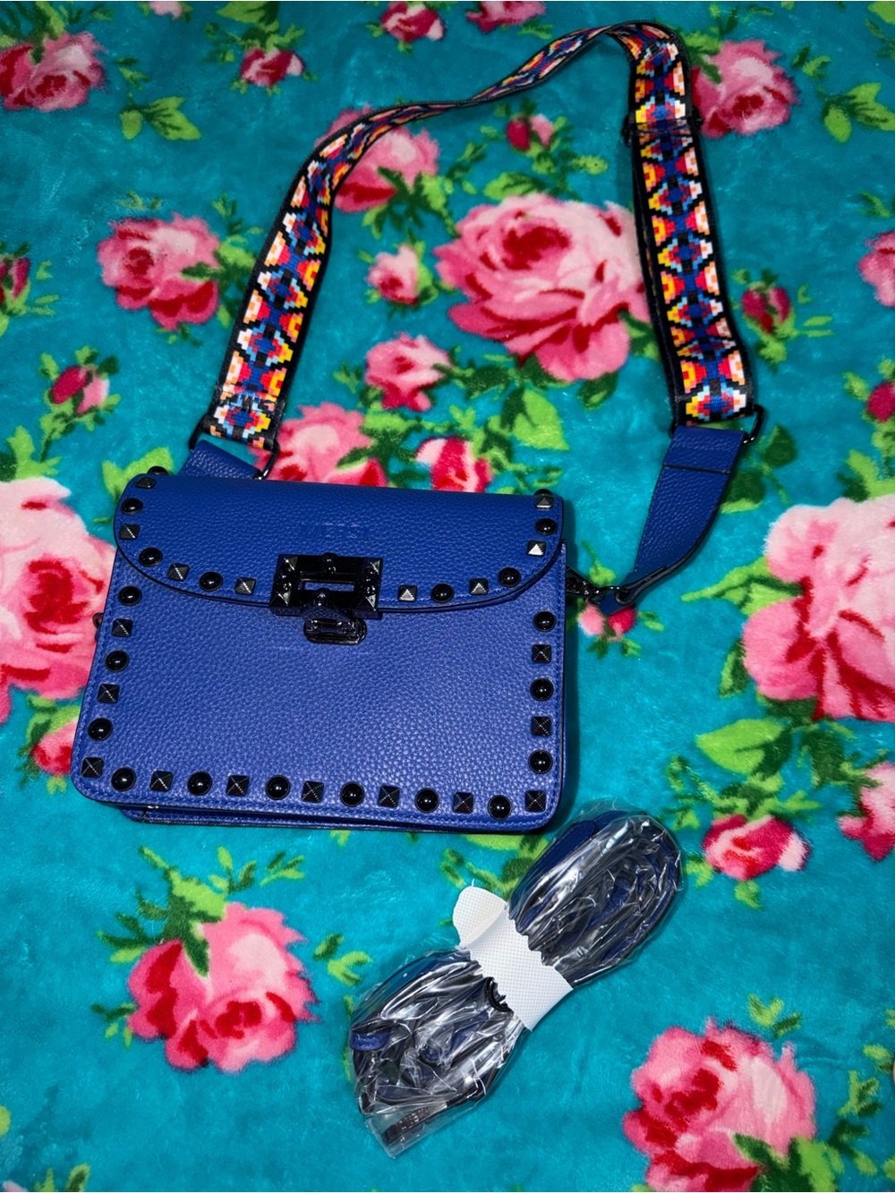 Blue Mersi bag with 2 straps; Studded Blue Crossbody Bag with Colorful Strap